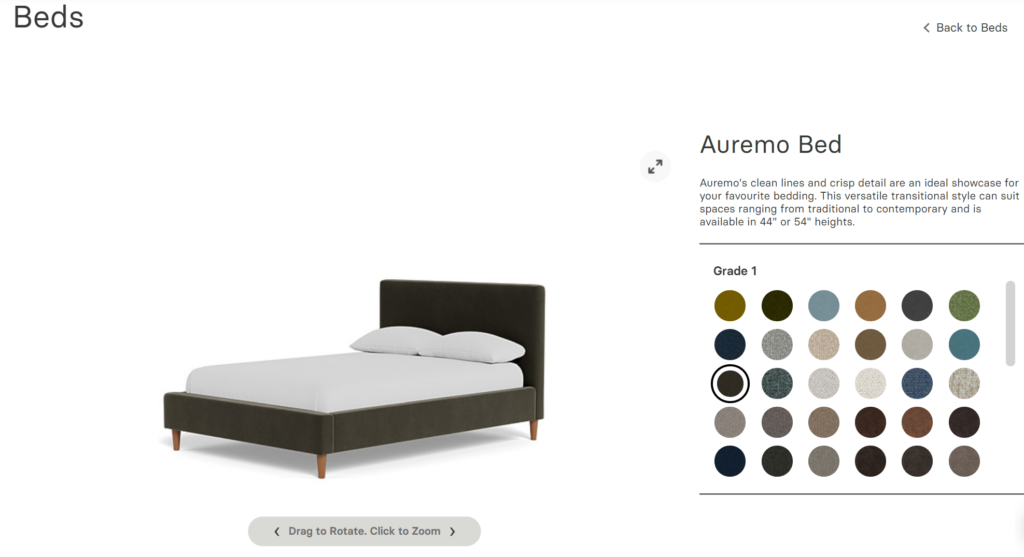 3D vizualizations of model bed for virtual show room floor