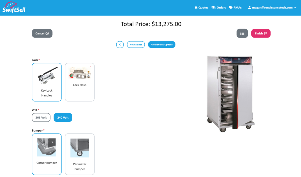 SwiftSell V2, Dealer portal, Active Directory support, Inventory tracking, PDF quotes, Customer data input, RMA handling, Product catalog, Theme designer, User interface updates