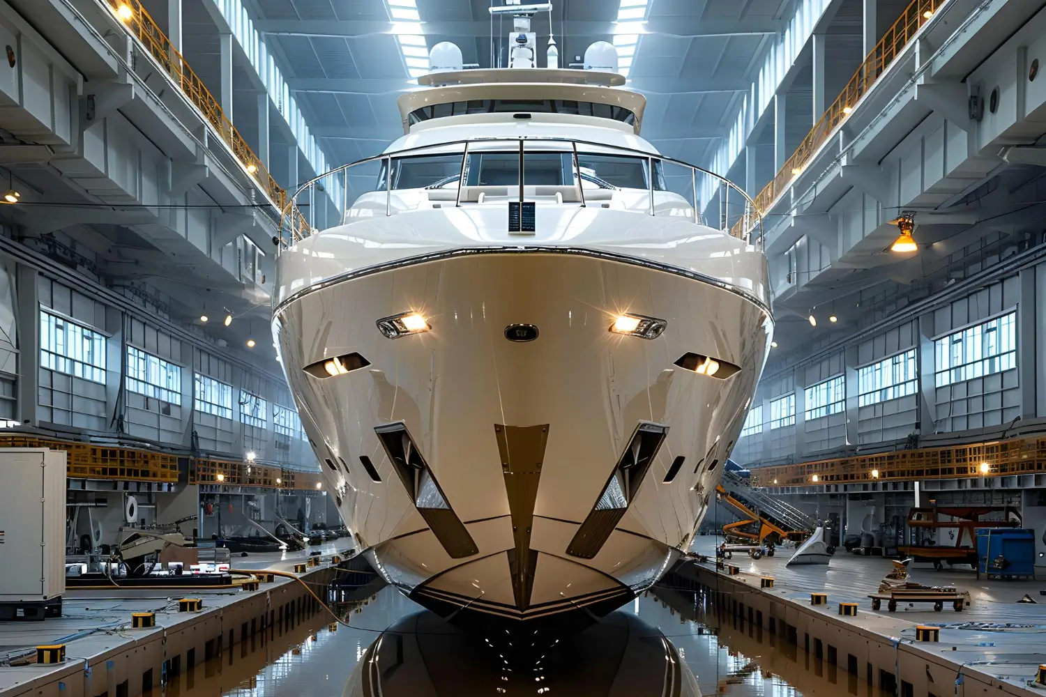 industry boats and marine inside a warehouse where a boat is being manufactured