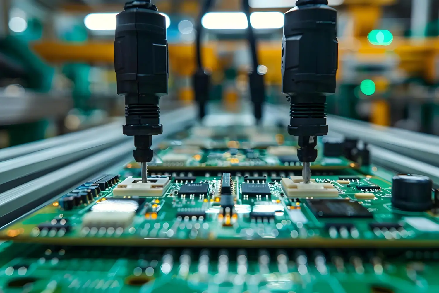 industry electronics manufacturing robotic arm assembling computer chip