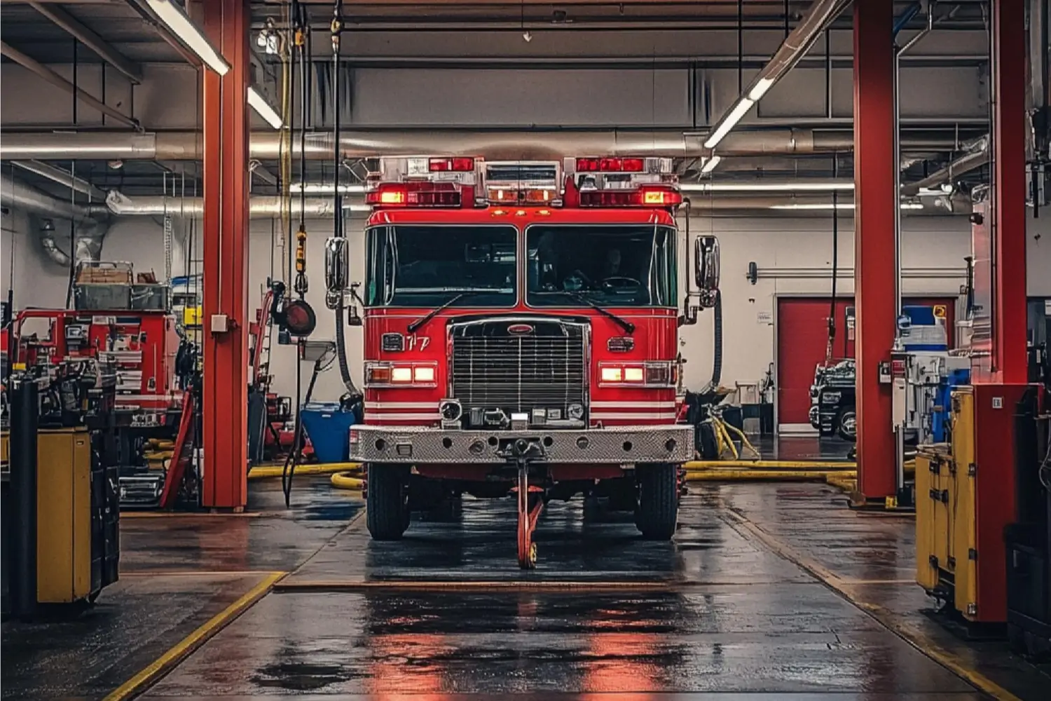 industry vehicles fire truck being put together in a manufacturing plant