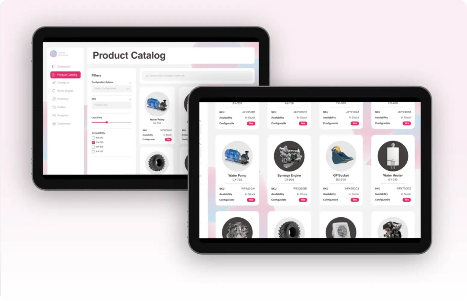 omnichannel enterprise quoting two product catalog screens next two each other